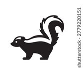 Skunk vector icon, black and white minimalist flat illustration of a wild animal, isolated on white background.
