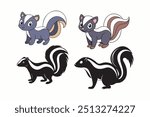 Skunk vector Illustration in Vibrant Colors, black white silhouette and Detailed Line Art. Cute and Adorable