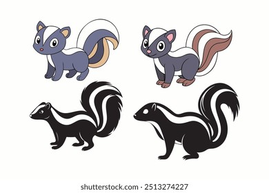 Skunk vector Illustration in Vibrant Colors, black white silhouette and Detailed Line Art. Cute and Adorable