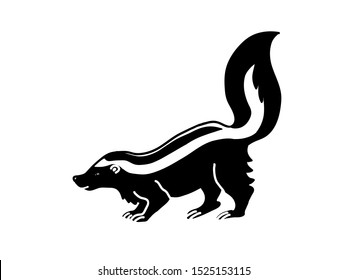 Skunk vector logo. Black and white silhouette art of stinky american animal with tail up.  