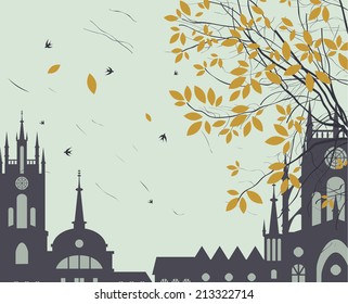 the sky above the roofs of the old town and swallows