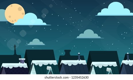 Sky above town at night With full moon, christmas santa claus.
