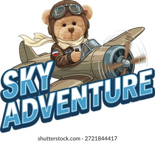 Sky Adventure Pilot Teddybär Vektorgrafik, süßer Bär fliegt ein Vintage-Propellerflugzeug, Fliegerfigur mit Brille und Schal, flaches Design Luftfahrtkonzept auf weißem Hintergrund