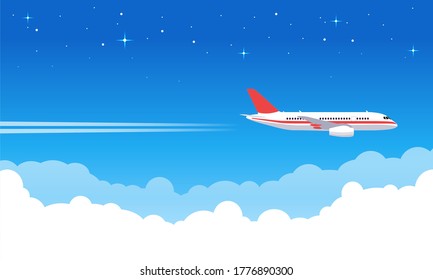 Sky aircraft. Airplane flying in blue sky, flight jet aircraft in clouds, airliner vacation or transportation trip vector illustration. Trip jet, flight transport, transportation airplane