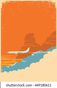 Sky and aircraft retro poster.Vector background illustration for text