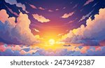 Sky anime sunset background with cartoon clouds and setting sun vector landscape. Summer evening cloudy sky dramatic scene with orange sunlight, stars, white clouds. Anime sunset or twilight panorama