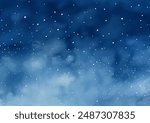 The sky is azure blue with fluffy white clouds and snow gently falling down watercolor vector illustration. The scene depicts a blue sky dotted with white clouds against which snow is falling gently
