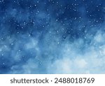 The sky is azure blue with fluffy white clouds and snow gently falling down watercolor vector illustration. The scene depicts a blue sky dotted with white clouds against which snow is falling gently