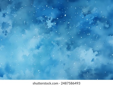 El cielo es azul azulado con nubes blancas esponjosas y nieve cayendo suavemente por la Ilustración vectorial de la acuarela. La escena representa un cielo azul salpicado de nubes blancas contra las que la nieve cae suavemente