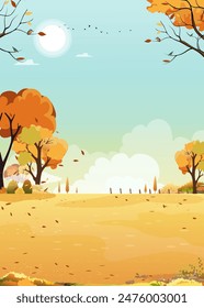 Sky Background With Autumn Fall Forest And Tree. Field Meadow Cartoon With Clouds, Flat Orange Cloudy Illustration And Vector Flower Design For Seasonal Nature Banner And Landscape Wallpaper.