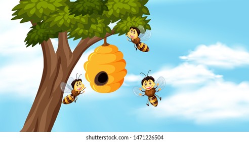 Fondo del cielo con abejas y colmena en la ilustración del árbol