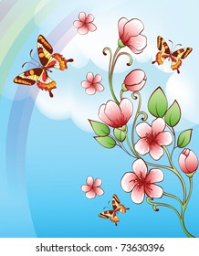 sky background with butterflies and flowers