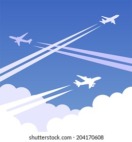 Sky background with clouds and airplanes with traces. Vector illustration, easy editable.