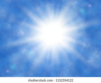 Sky background with clouds, shining sun, sun rays. Sunny background Summer design. Vector illustration.