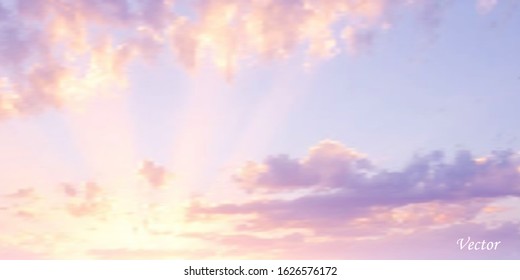 Sky Background With Fluffy Clouds. Realistic Dawn. Beautiful Purple Pink Sky With Shining Sun. Colorful 3D Vector Illustration. Design For Paper, Banners, Brochures, Card. Stock.