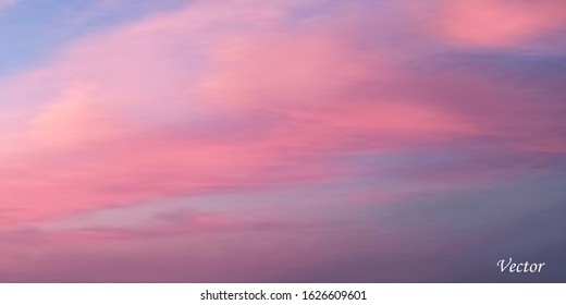 Sky background with fluffy clouds. Realistic dawn. Beautiful purple sky with pink clouds. Colorful 3D vector illustration. Design for paper, banners, brochures, card. Stock.