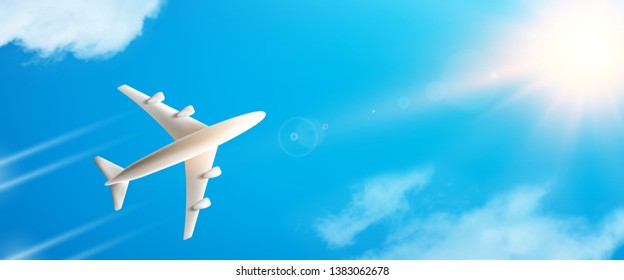 sky background with flying plane from below - vacation time