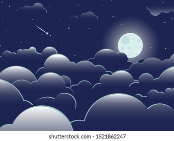 Sky background with full moon, clouds, and stars. Moonlight night.