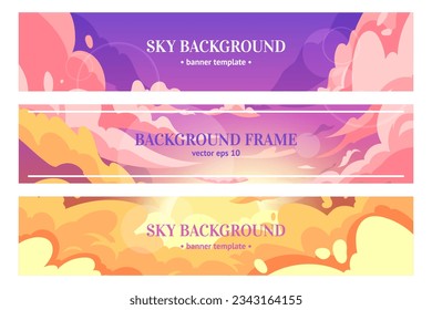 Sky background. Horizontal banners collection. Pink clouds landscape with copy space. Heaven air with sunrise and sunset cloudscape. Beautiful sunshine backdrop cartoon vector illustration set