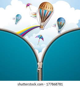 Sky background and hot air balloon with zipper