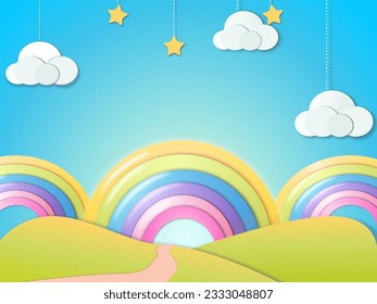 Sky background with paper style clouds and rainbows with place for text 