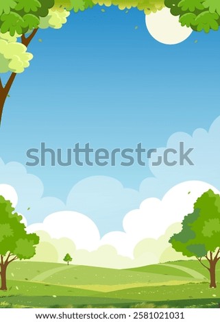 Sky background with park landscape.Cartoon grass field,land forest and su in summer.Vector Spring nature with flower,tree,  road on mountain and green farm on blue sky,cloud.Environment natural concept