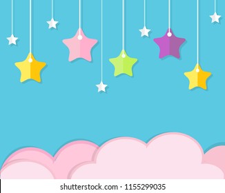 Sky background with pink clouds and colorful hanging stars. Background in paper cut, paper craft style. For baby, kids and nursery design, invitations, banners.