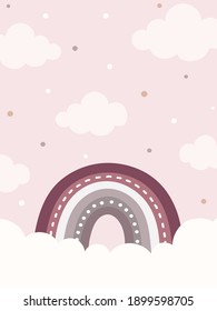 Sky background with rainbow and clouds in blush pink, mauve, and warm gray. Hand drawn rainbow and clouds. For web banner, poster, wall paper, cards, and more.