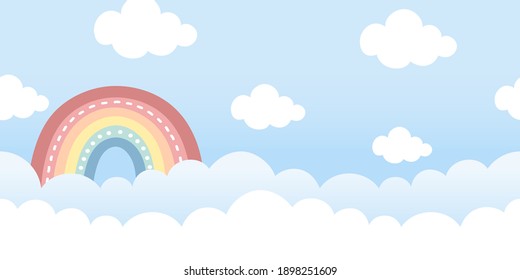 Sky background with rainbow and clouds in pastel colors. Seamless cloud borders. For web banners, wall decor, poster, and more.