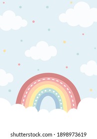 Sky Background With Rainbow And Clouds In Pastel Colors. Hand Drawn Rainbow And Clouds. For Web Banner, Poster, Wall Paper, Cards, And More.