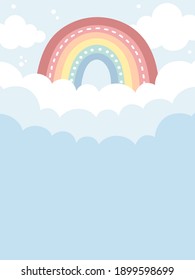 Sky background with rainbow and clouds in pastel colors. Hand drawn rainbow and clouds. For web banner, poster, wall paper, cards, and more.