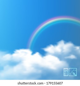 Sky Background with Rainbow & Clouds. Vector illustration, eps10, editable.