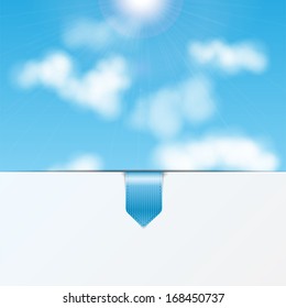 sky background with a sheet of white paper and bookmark.eco background.vector