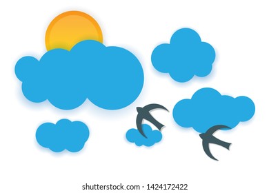 Sky background with sun and blue clouds. Birds are flying in front of clouds. Paper cut style vector illustration