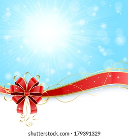 Sky background with sunlight and red bow, illustration.