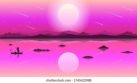 Silhouette de vectores de fondo del cielo con Lago de las Montañas y naturaleza del paisaje humano