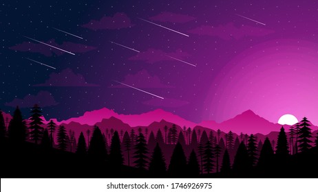 Sky Background Vector Silhouette With Mountains Forest And Moon Stars