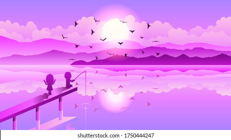 Sky Background Vector Silhouette With Mountains And Lake Landscape Nature People Human