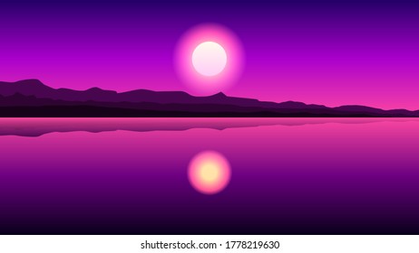 Sky Background Vector Silhouette With Mountains And Lake Vector Design Style