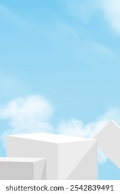 Sky Background with White Cloud,Podium for Cosmetic Product Presentation,Abstract Platform Blue Sky with 3d Mockup Display Stand for Summer Banner,Vector Spring Landscape and construction building