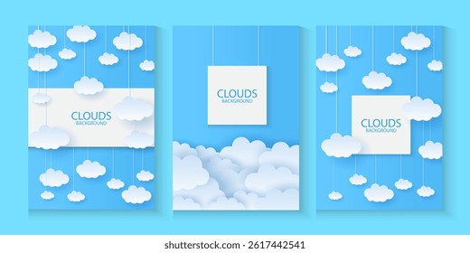 Sky background with white paper cut clouds. Border of clouds. Paper cut. Simple cartoon design. Banner, poster, flyer template for ads promo, cover, cosmetic products. and summer backdrop.