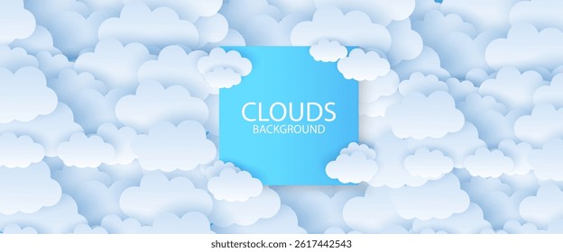 Sky background with white paper cut clouds. Border of clouds. Paper cut. Simple cartoon design. Banner, poster, flyer template for ads promo, cover, cosmetic products. and summer backdrop.