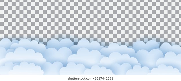 Sky background with white paper cut clouds. Border of clouds. Paper cut. Simple cartoon design. Banner, poster, flyer template for ads promo, cover, cosmetic products. and summer backdrop.