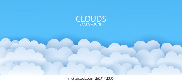 Sky background with white paper cut clouds. Border of clouds. Paper cut. Simple cartoon design. Banner, poster, flyer template for ads promo, cover, cosmetic products. and summer backdrop.
