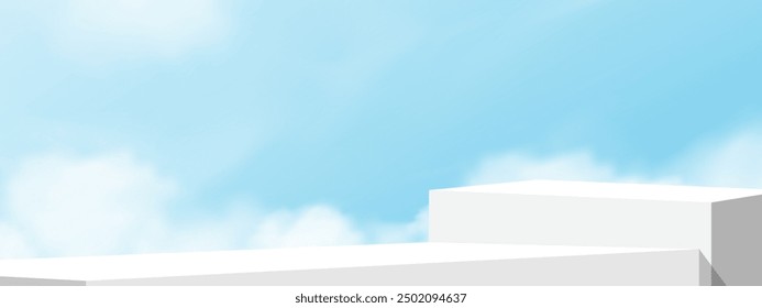 Sky Background with White Podium for Cosmetic Product Presentation,Blue Sky,Cloud with 3d Mockup Stage Stand Platform,Minimal Display for Summer Banner Design,Vector Spring Landscape and abstract Wall