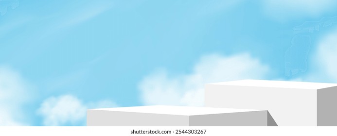 Fondo del cielo con el podio blanco para la presentación cosmética del Producto, cielo azul, nube con la plataforma del soporte de la etapa de la maqueta 3d, exhibición mínima para el diseño del Anuncio del verano, paisaje de la primavera del Vector y pared abstracta