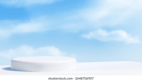 Sky background with white podium platform - circular stage with soft shadow beneath bright blue heavens, wispy clouds floating above clean minimal display surface for product showcase or presentation