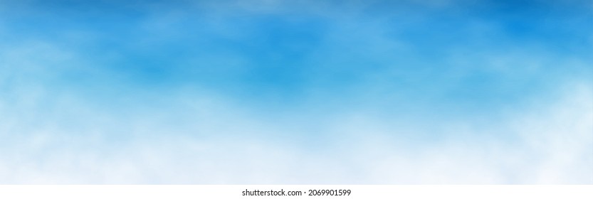 Sky background wide. Realistic white clouds. Summer blue sky banner. Light cloudy texture. Sunny day concept. Vector illustration.