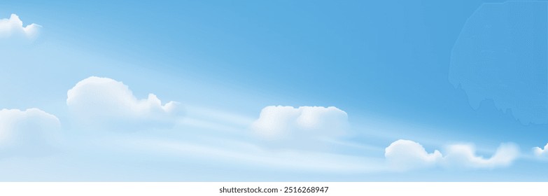 Cielo de fondo ancho. Nubes blancas realistas. Anuncio azul del cielo del verano. Textura poco nublada. Concepto de día soleado. Ilustración vectorial