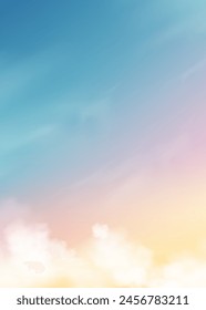 Sky Background,Blue color abstract fluffy cloud,Cartoon Morning Summer Sky pastel yellow,pink,Fantasy dramatic soft orange Sunset in Autumn,Vector illustration fairy blur gradient sunrise in Winter